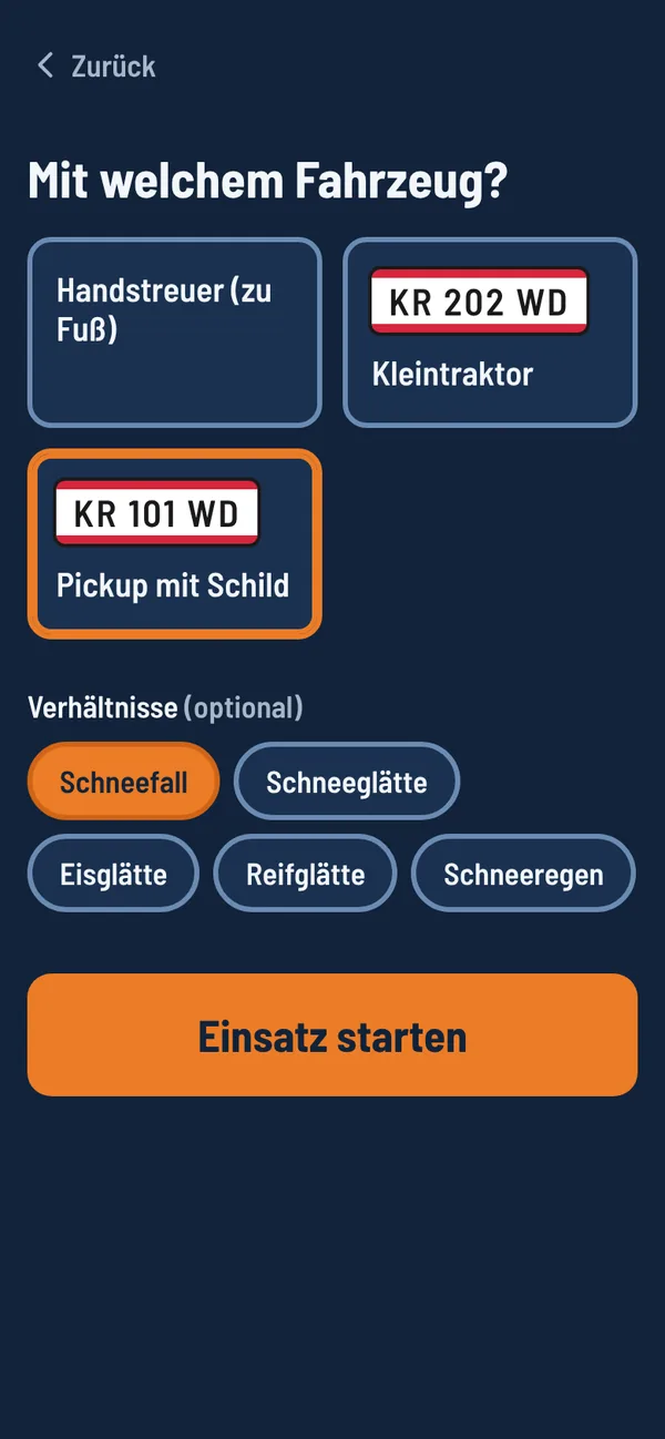 Fahrzeugauswahl mit drei Fahrzeugen und österreichischen Kennzeichen, darunter die Verhältnisse Schneefall, Schneeglätte, Eisglätte.